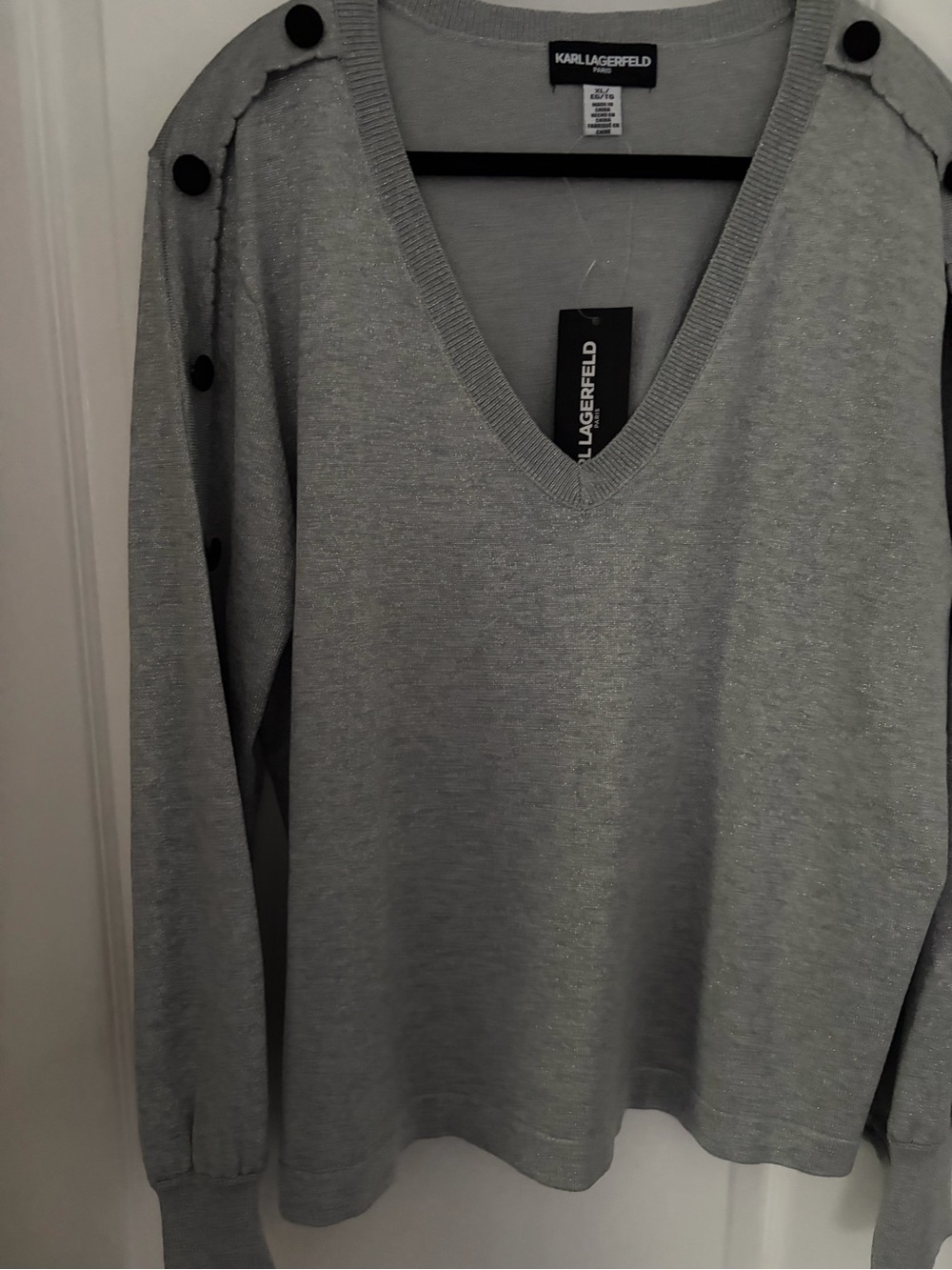 Karl Lagerfeld Light Gray V-Neck Button-Shoulder Sweater